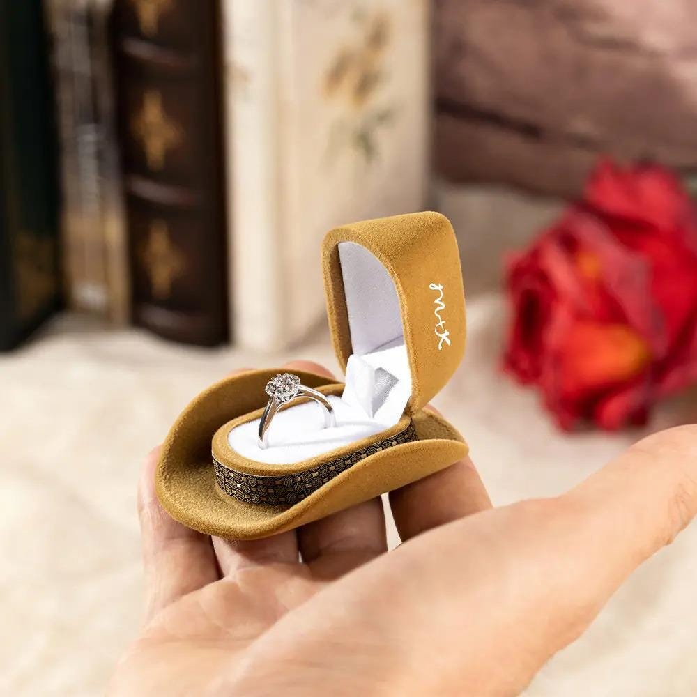 Personalized Cowboy Hat Ring Box, Custom Initial Velvet Jewelry Box, Unique Proposal/Engagement Gift, Funny Cowgirl Wedding Ring Holder