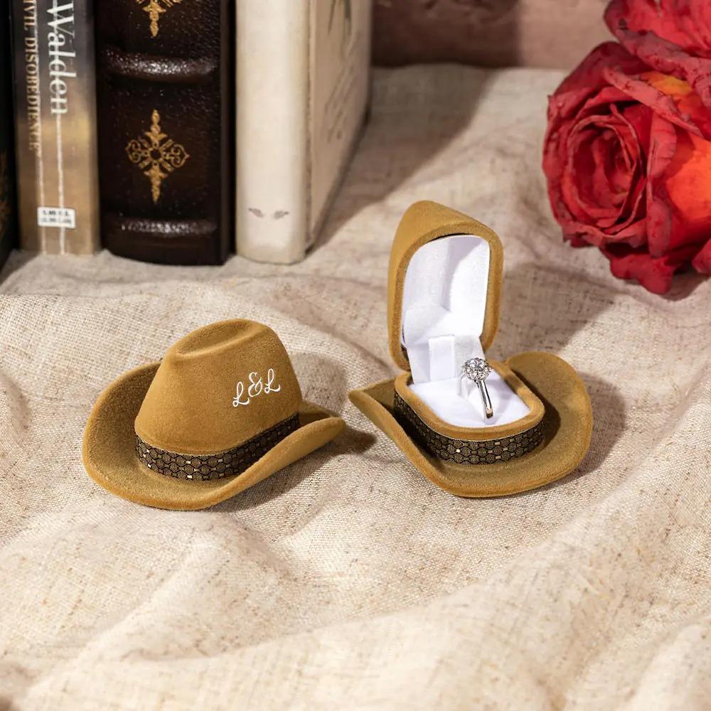 Personalized Cowboy Hat Ring Box, Custom Initial Velvet Jewelry Box, Unique Proposal/Engagement Gift, Funny Cowgirl Wedding Ring Holder
