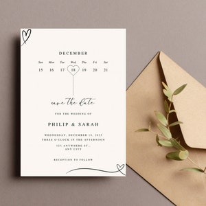 Minimalistische Save the Date Digitaler Download Vorlage mit Kalender & Herzen | Moderne Hochzeitseinladung | Save the Date Karte zum Ausdrucken