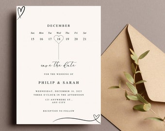 Minimalist Save the Date Digital Download Template with Calendar & Hearts | Modern Wedding Invitation | Printable Save the Date Card