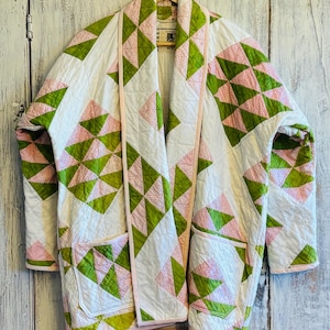 Antique Quilt Jacket; Medium; Pink and Green Kimono Quilt Coat; Outerwear