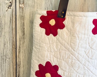 Quilted Tote Bag; Vintage Appliqué Quilt; waxed Canvas Tote; Purse