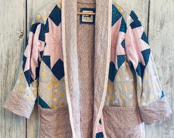 Vintage Indigo Patchwork Quilt Jacket – Medium, 3/4 Sleeve Blazer