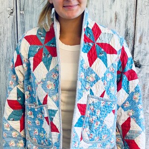 Vintage Quilt Jacket – Red, Blue, White Patchwork Outerwear (Large)