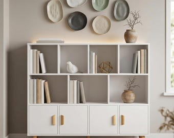 Cubby Shelf Bookcase with Doors Wooden 11 Cube Storage Cabinet Floor Standing Organizer