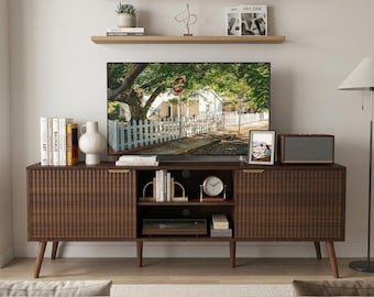 Mid Century TV Console with Power Outlet Entertainment Center Storage Cabinets Modern