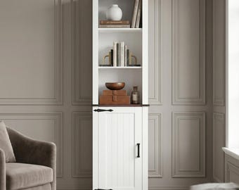 Tall Bathroom Storage Cabinet Farmhouse Linen Tower with Adjustable Shelves Narrow Laundry Organizer