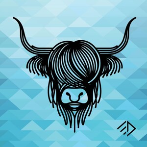 May include: Black and white line art illustration of a Highland cow's head with long, flowing hair. The background is a blue geometric pattern.