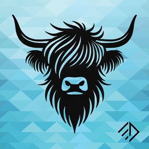 May include: Black and white silhouette of a Highland cow head with long, shaggy hair and horns.