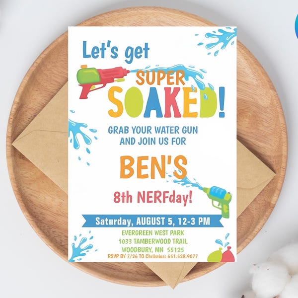 Water Splash Party Invitation, Water Gun Birthday Template, Backyard Pool Bash, Canva Editable, Boy Party WaterGun, Backyard Pool Invite