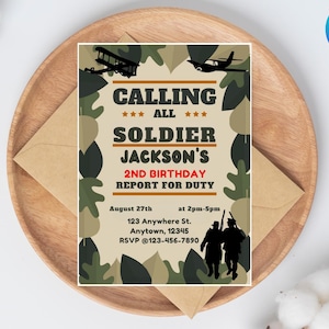 Editable Army Birthday Invitation, Military Party Invitation, Solider Birthday Invitation, Printable Army Invitation Template Canva