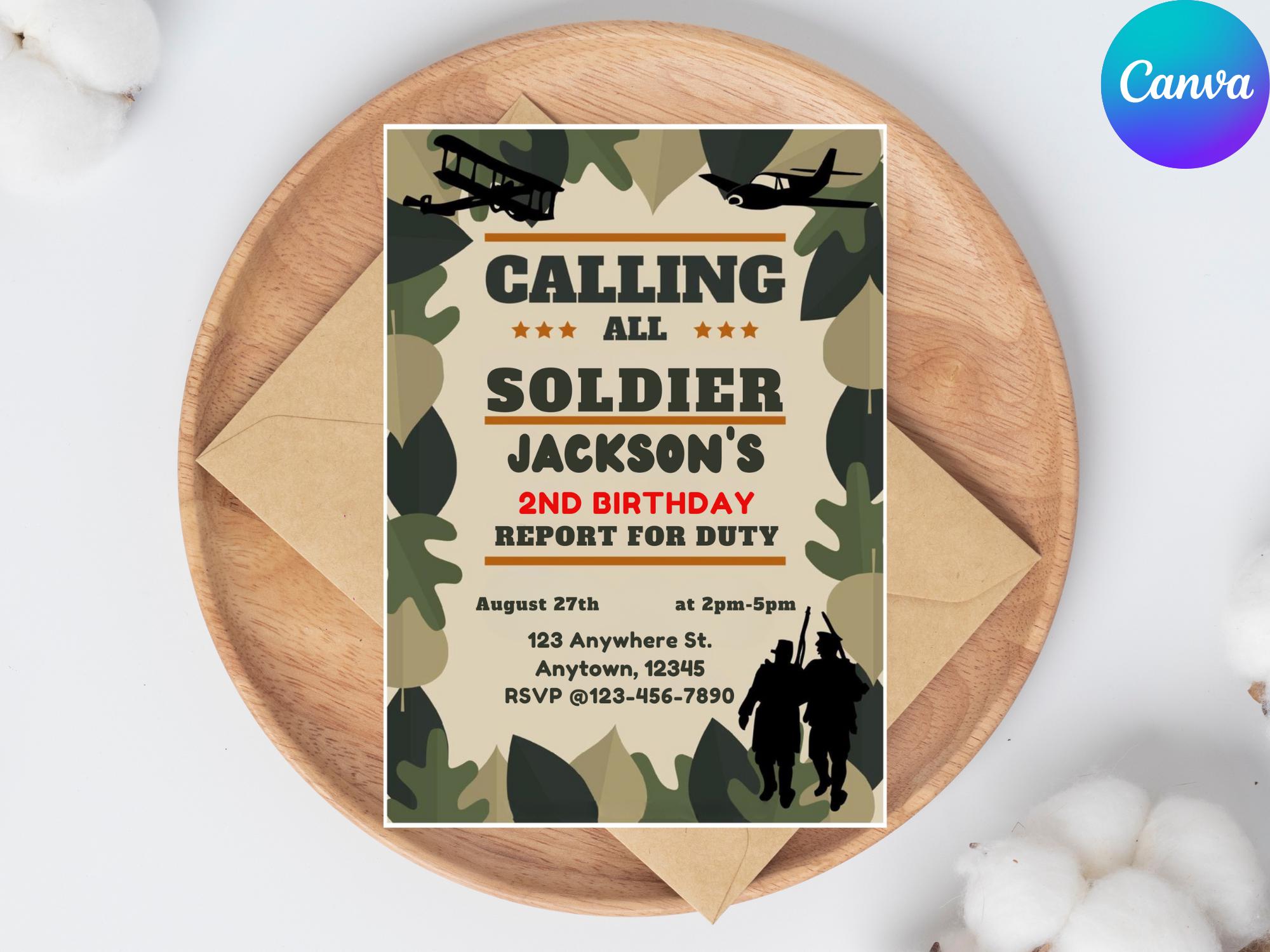 Editable Army Birthday Invitation: Military Soldier Party (canva ...