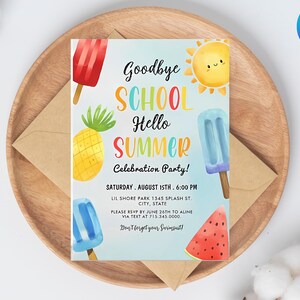Linda invitación para la fiesta del último día de clases, invitación editable, volante para la celebración de fin de año escolar de los niños, diversión para el jardín de infantes