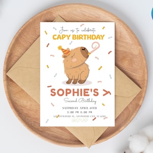 Plantilla de invitación de cumpleaños de capibara para niños, linda invitación de fiesta con temática de capibara, Canva editable, tarjeta de celebración de cumpleaños de capibara para cualquier edad