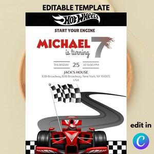 Editable Racing Car Birthday Invitation Template: Hot Wheels Theme (Digital Download, 5x7 PDF File)