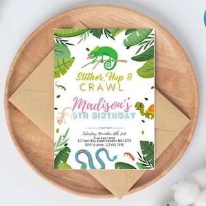 Reptile Birthday Invitation: Slither, Hop & Crawl Theme (Editable Canva Template)