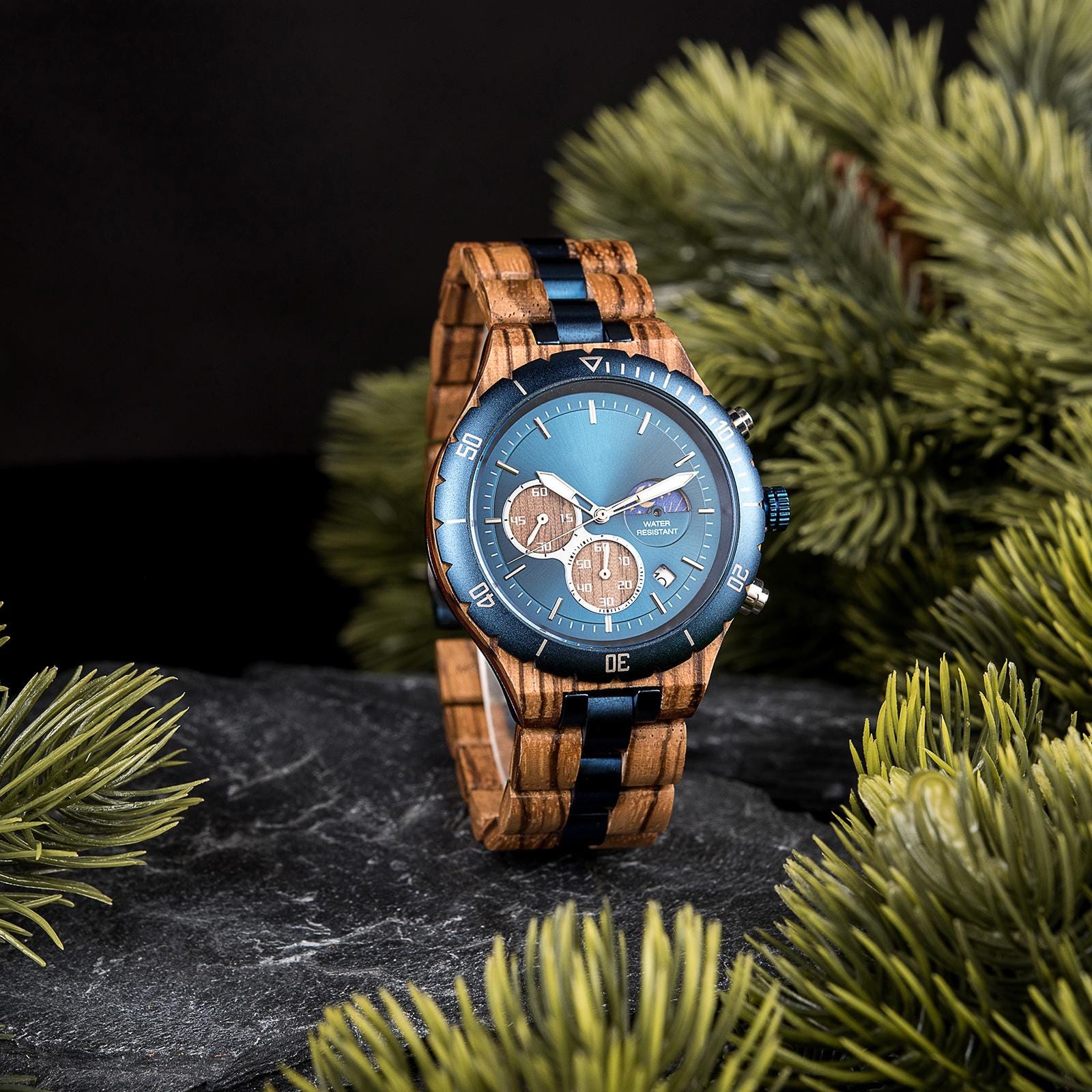 Men’s Blue Chronograph Wooden Watch – Engraved Wood & Steel Gift for ...