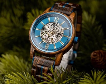 GUDINWOOD Men’s Mechanical Wooden Watch – Blue & Gold Skeleton Wood Watch | Luxury Anniversary Gift for Husband or Boyfriend