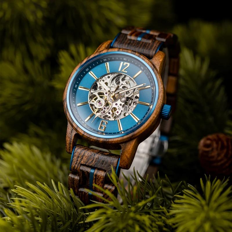 GUDINWOOD Men's Mechanical Wooden Watch - Blue & Gold Skeleton Wood Watch Luxury Anniversary Gift for Husband or Boyfriend