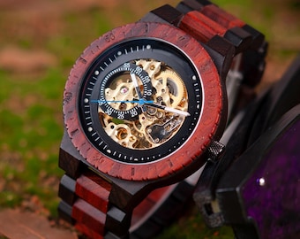 Gepersonaliseerd gegraveerd houten horloge | Automatisch houten horloge voor heren | Verjaardags-/jubileumcadeau voor je vriend