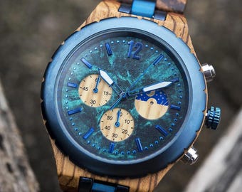 Luxury Men's Olive Wood Watch – Unique Birthday or Anniversary Gift for Him | Blue Chronograph Style | Sustainable Wood Timepiece