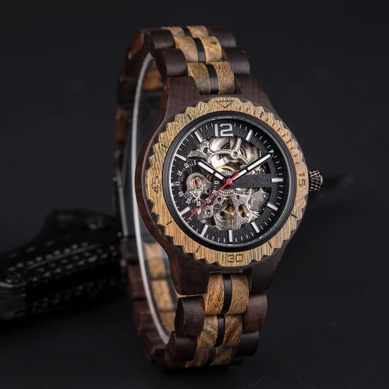 Automatic Engraved Wooden Watch - Self-Winding, Waterproof, Luminous Luxury Timepiece for Men & Women, Couples Gift For Friend Love Husband image 12