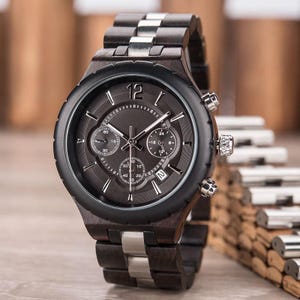 Engraved Wood & Steel Men&#39;s Watch: Personalized Chronograph Gift