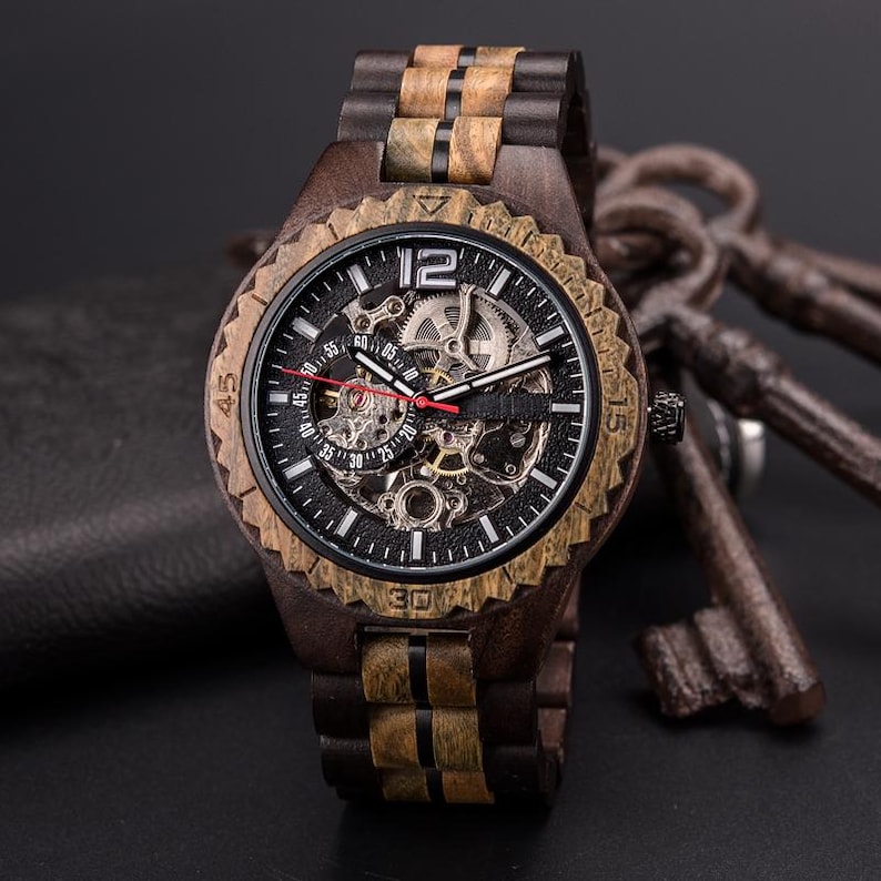 Automatic Engraved Wooden Watch - Self-Winding, Waterproof, Luminous Luxury Timepiece for Men & Women, Couples Gift For Friend Love Husband image 15