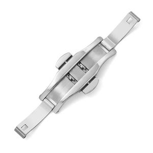 May include: A stainless steel watch clasp, featuring a butterfly deployment design. The clasp has a brushed metal finish and a rectangular opening on each end for attachment. The design is symmetrical and modern.