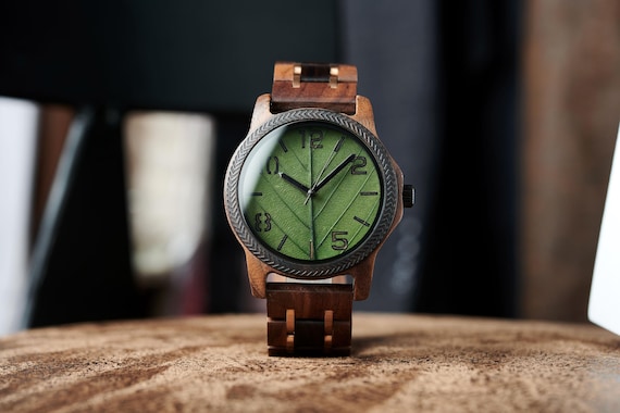 Leaf Dial Wooden Watch, Walnut & Ebony Eco Watch, Unisex Wood Watch Gift, Birthday Anniversary Gift, GUDINWOOD
