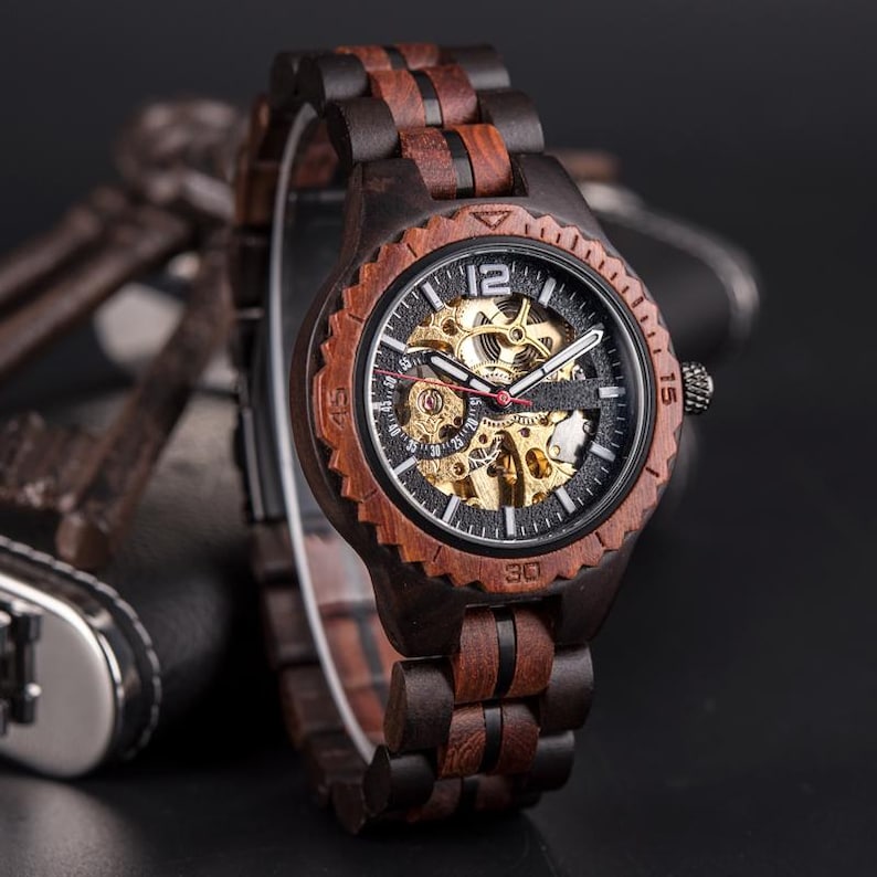 Automatic Engraved Wooden Watch - Self-Winding, Waterproof, Luminous Luxury Timepiece for Men & Women, Couples Gift For Friend Love Husband image 13