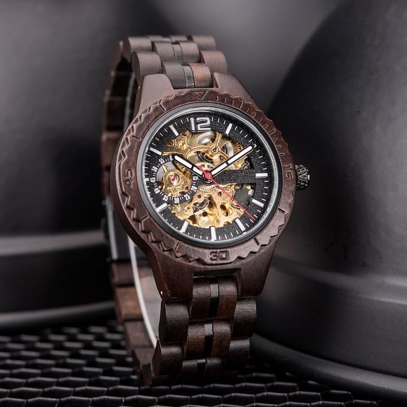 Automatic Engraved Wooden Watch - Self-Winding, Waterproof, Luminous Luxury Timepiece for Men & Women, Couples Gift For Friend Love Husband image 11