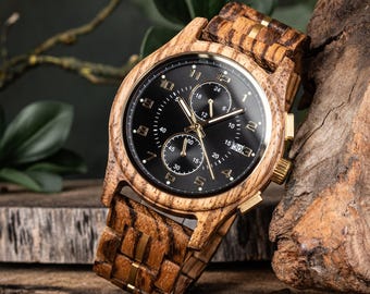 GUDINWOOD Men’s Zebra Wood Watch – Black Chronograph Gift for Him, Anniversary Birthday Present, Personalized Groomsmen Watch