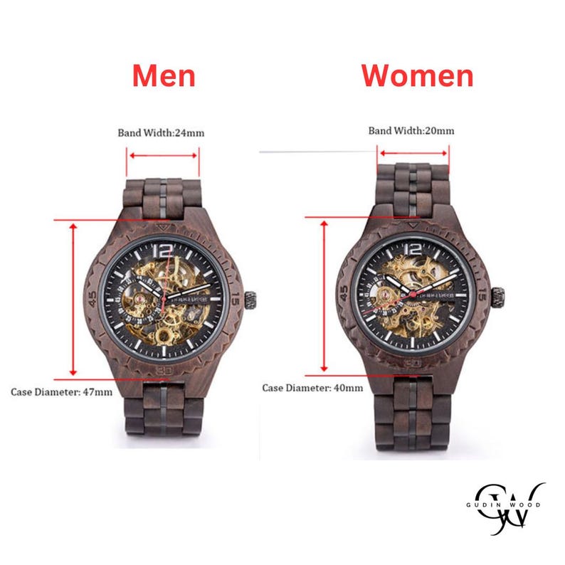 May include: Two wooden watches with visible inner workings. The men's watch has a 47mm case diameter and 24mm band width. The women's watch has a 40mm case diameter and 20mm band width. Both watches have a dark brown finish and the number 12 at the top.