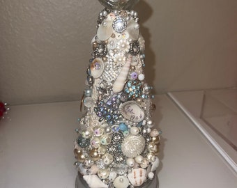Handmade vintage jewelry tree in cream silver gold shells pearls