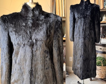 Vintage 1990s Rabbit Fur Coat Long Full Length Small Black