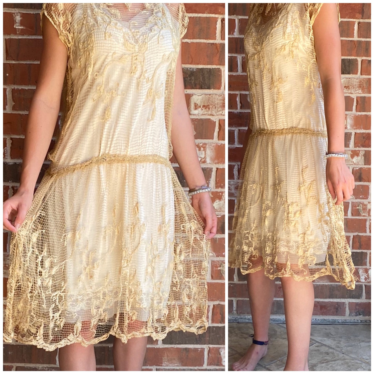 Sale 1920s Ecru Lace Net Darning Dress Filet Lace Delicate Etsy