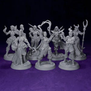 Puede incluir: Un conjunto de siete figuras de fantasía grises, cada una representando un personaje diferente en poses dinámicas. Las figuras están sobre bases circulares y presentan armaduras, armas y accesorios detallados, sugiriendo un tema de juego de rol.