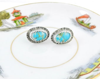 Handmade Turquoise Stud Earrings: Sterling Silver Sunburst, Rustic Southwest, Everyday Earring