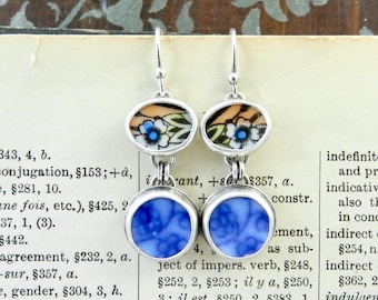 Flow Blue Porcelain Flower Earrings, Vintage Japanese China Dangle Sterling Silver