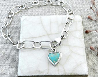 Handmade Link Turquoise Heart Sterling Silver Bracelet Metalsmith Artisan Bracelet Hammered