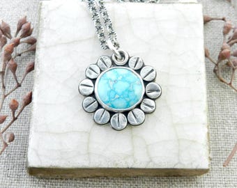 Handmade Turquoise Flower, Watery Blue Turquoise Pendant, Recycled Sterling Petals