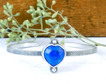 Lapis Heart Sterling Silver Handmade Cuff Bracelet: Blue Gem Textured Artisan Jewelry