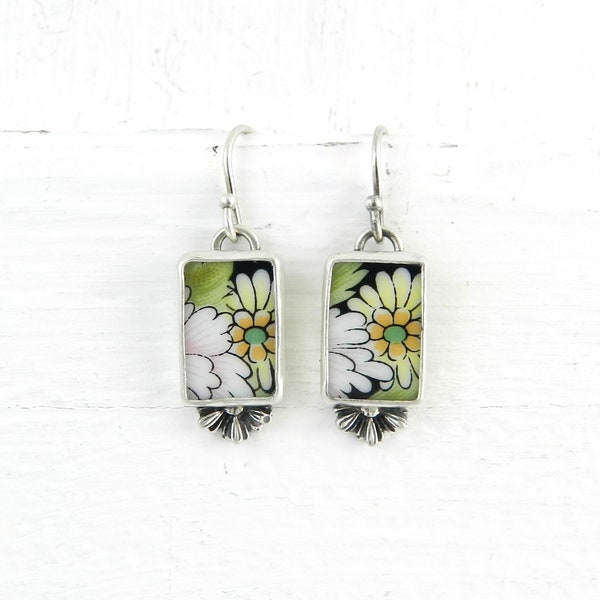 Vintage Flower Rectangle Porcelain Dangle Artisan Earring Colorful Sterling Modern Vintage Metalsmith Black Orange Yellow Green