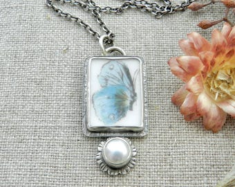 Vintage Blue Butterfly French Porcelain & Cultured Pearl Gem Pendant, Upcycled Necklace, Colorful, Metalsmith