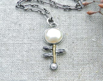 White Pearl Flower, Handmade Sterling Stick Necklace, Mixed Metal, Minimalist Rustic Art Jewelry