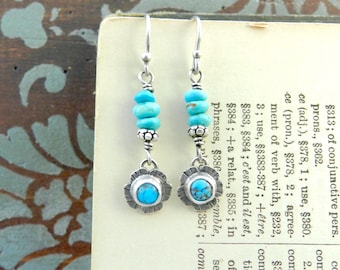 Sterling Flower, Blue Turquoise Stack Artisan Dangle Earrings Metalsmith Flower Rustic Gem Handmade