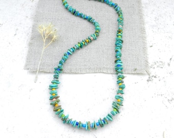 Turquoise & Colorful Vintage Glass, Hand Beaded Minimalist Necklace, Old Collectable Glass