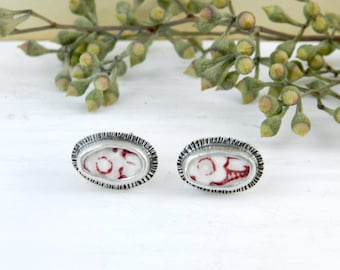 Vintage Red White Flower Pottery Earring Broken China Stud, Sterling Earrings-Artisan Metalsmith Jewelry