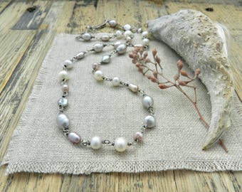 Gray Lavender Pearl: Hand Wired Chain, Handmade Artisan Sterling Layering Rustic Boho Necklace